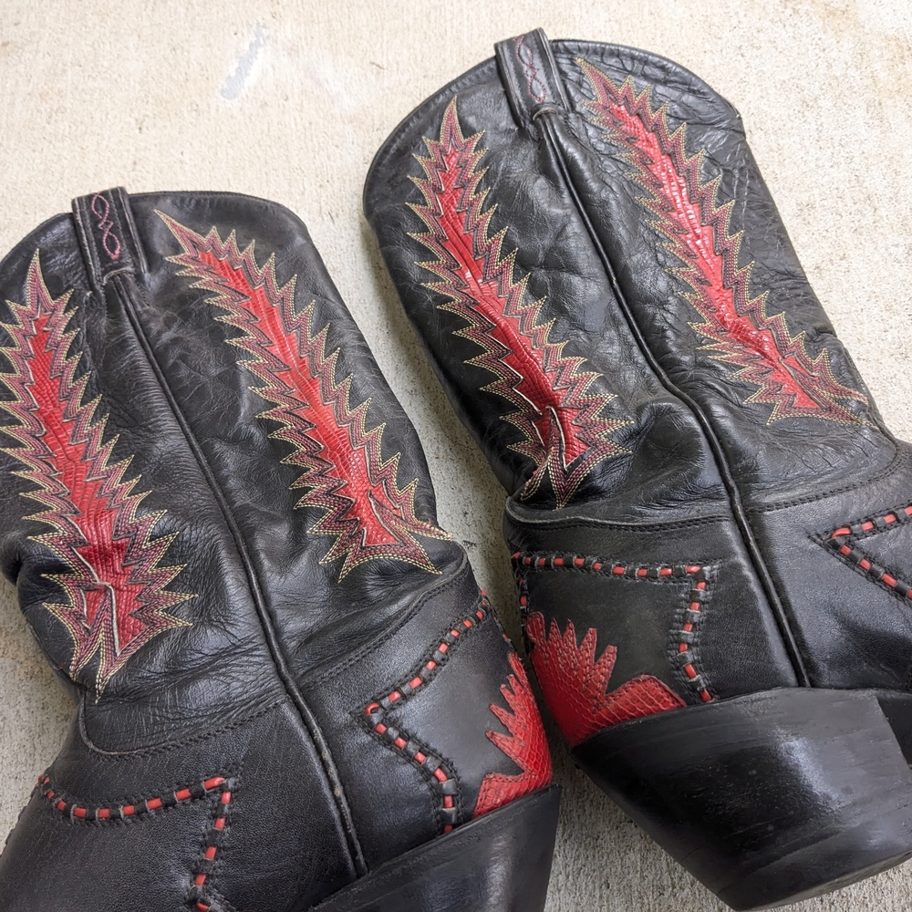 Tony Lama Cowboy Boots Red Black Lizard Leather Men 8.5 D - Picture 7 of 15